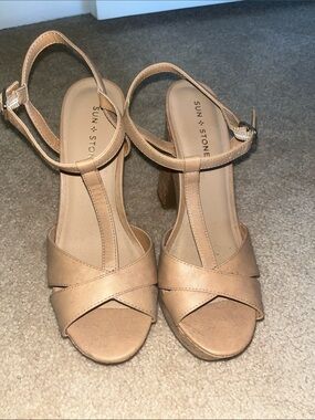 Sun + Stone Beige T-Strap Block Heel Sandals